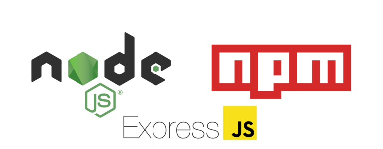 Logos de l'environnement NodeJS, de son gestionnaire de paquet npm et de son framework ExpressJS